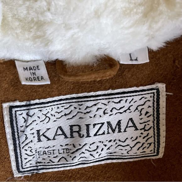 Vintage Karizma Brown Suede Leather Moto Jacket Faux Fur Shearling Size L - Picture 8 of 11